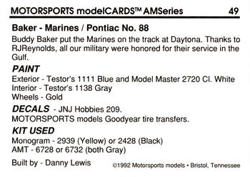 1992 Motorsports Modelcards AM Series #49 Buddy Baker's Car Back