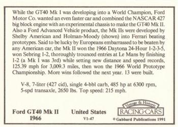 1991 Gabbard Vintage & Historic Racing Cars V-1 Series #V1-47 Ford GT40 MkII 1966 Back