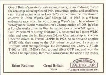 1991 Gabbard Vintage & Historic Racing Cars V-1 Series #V1-59 Brian Redman Back