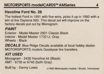 1992 Motorsports Modelcards AM Series - Premiere #4 Davey Allison's Car Back