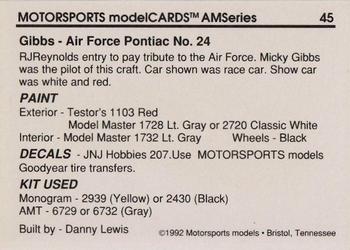 1992 Motorsports Modelcards AM Series - Premiere #45 Mickey Gibbs' Car Back