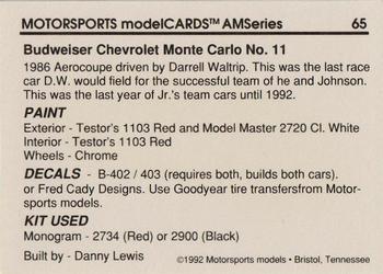 1992 Motorsports Modelcards AM Series - Premiere #65 Darrell Waltrip's Car Back