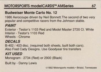 1992 Motorsports Modelcards AM Series - Premiere #67 Neil Bonnett's Car Back
