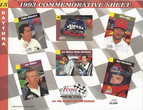 1993 Finish Line - Commemorative Sheets #15 Felix Sabates / Kenny Wallace's Car / Mike Hill / Joe Gibbs / Joe Moore / Allen Bestwick / Hut Stricklin Front
