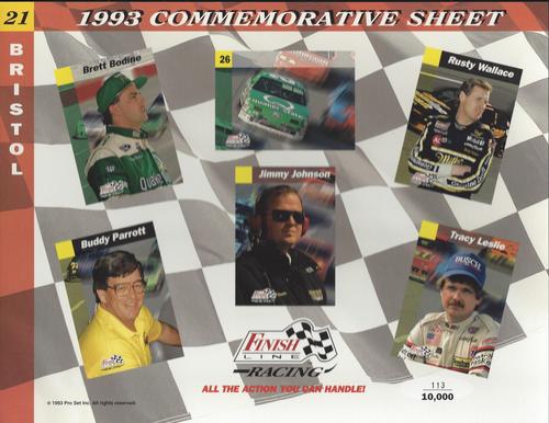 1993 Finish Line - Commemorative Sheets #21 Brett Bodine / Brett Bodine's Car / Rusty Wallace / Buddy Parrott / Jimmy Johnson / Tracy Leslie Front