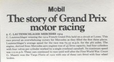 1971 Mobil The Story of Grand Prix Motor Racing #5 C. Lautenschlager Mercedes 1914 Back