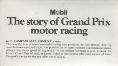 1971 Mobil The Story of Grand Prix Motor Racing #10 G. Campari Alfa Romeo P.2 1924 Back