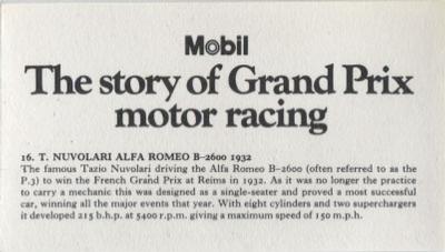 1971 Mobil The Story of Grand Prix Motor Racing #16 T. Nuvolari Alfa Romeo B-2600 1932 Back