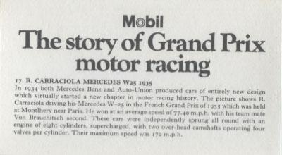 1971 Mobil The Story of Grand Prix Motor Racing #17 R. Carraciola Mercedes W25 1935 Back