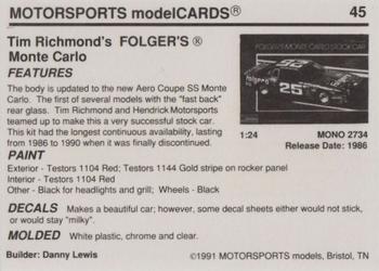 1991 Motorsports Modelcards #45 Tim Richmond Back