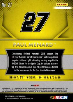 2016 Panini Prizm #27 Paul Menard Back