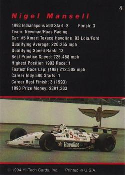 1994 Hi-Tech Indianapolis 500 #4 Nigel Mansell Back
