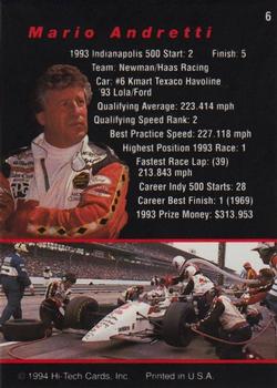 1994 Hi-Tech Indianapolis 500 #6 Mario Andretti Back
