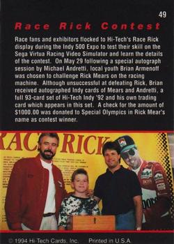 1994 Hi-Tech Indianapolis 500 #49 Race Rick Contest Back