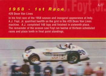 1994 Hi-Tech Indianapolis 500 - A.J. Foyt, Jr. #AJ1 1958 - The Rookie Year Back