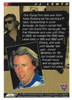 1994 Futera Adelaide F1 Grand Prix #18 J.J. Lehto Back