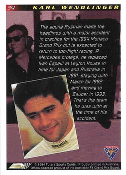 1994 Futera Adelaide F1 Grand Prix #34 Karl Wendlinger Back