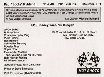 1991 Hot Shots ARCA #1410 Paul Ruhland Back