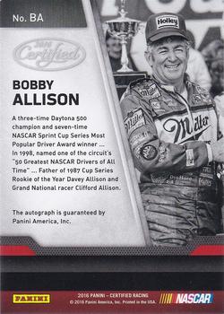 2016 Panini Certified - Certified Signatures Mirror Blue #BA Bobby Allison Back
