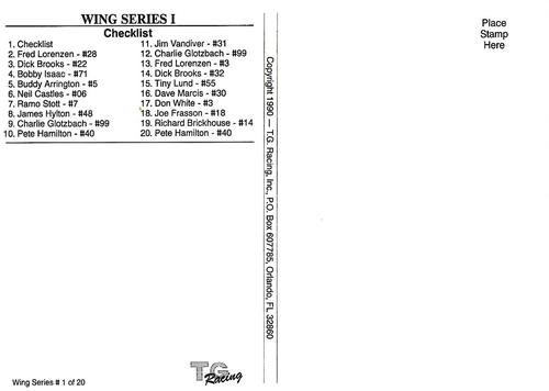 1990 TG Racing Wing Series I #1 Checklist Back