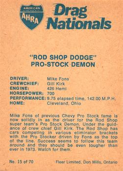 1972 Fleer AHRA Drag Nationals Canadian #15 Mike Fons Back