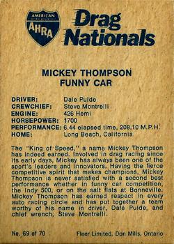 1972 Fleer AHRA Drag Nationals Canadian #69 Dale Pulde / Mickey Thompson Back