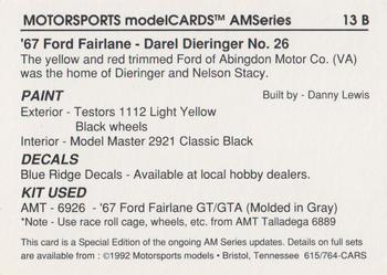 1992 Motorsports Modelcards Blue Ridge Decals #13 B Darel Dieringer Back