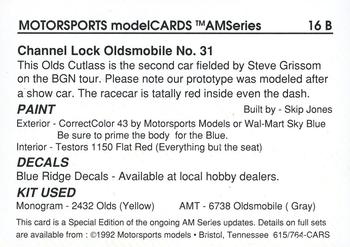 1992 Motorsports Modelcards Blue Ridge Decals #16 B Steve Grissom Back