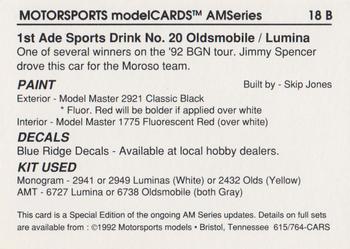 1992 Motorsports Modelcards Blue Ridge Decals #18 B Jimmy Spencer Back