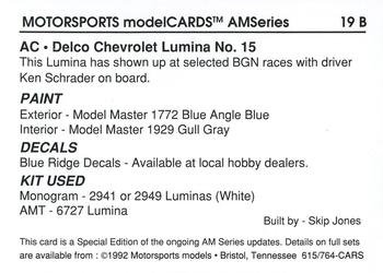 1992 Motorsports Modelcards Blue Ridge Decals #19 B Ken Schrader Back