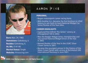 2003 IRL Season Fan Guide #NNO Aaron Fike Back
