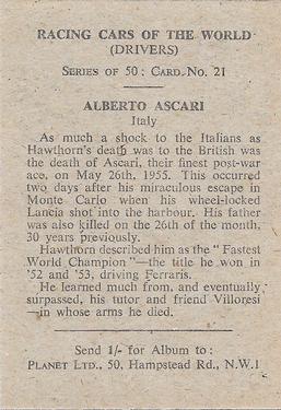 1959 Planet Ltd. Racing Cars of the World #21 Alberto Ascari Back