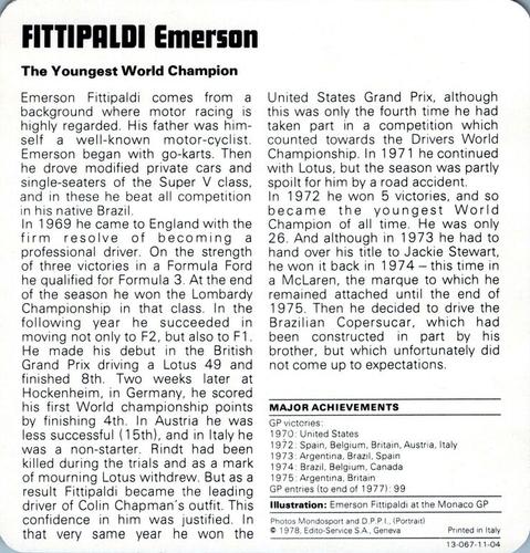 1978-80 Auto Rally Series 11 #13-067-11-04 Emerson Fittipaldi Back