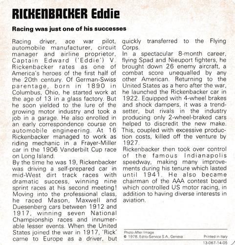 1978-80 Auto Rally Series 14 #13-067-14-05 Eddie Rickenbacker Back