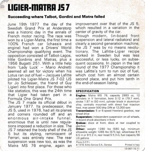 1978-80 Auto Rally Series 15 #13-067-15-11 Ligier-Matra JS 7 Back