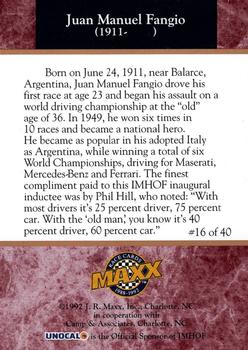 1992 Maxx IMHOF #16 Juan Manuel Fangio Back