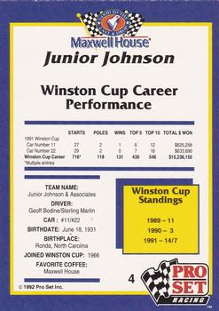 1992 Pro Set Maxwell House #4 Junior Johnson Back