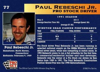 1992 Pro Set NHRA #77 Paul Rebeschi Jr. Back