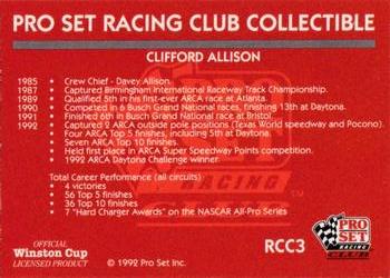 1992 Pro Set Racing Club #RCC3 Clifford Allison Back