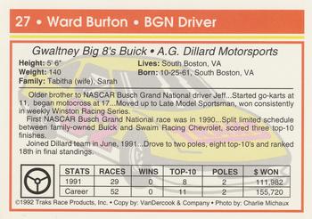 1992 Traks #27 Ward Burton Back