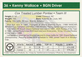 1992 Traks #36 Kenny Wallace Back