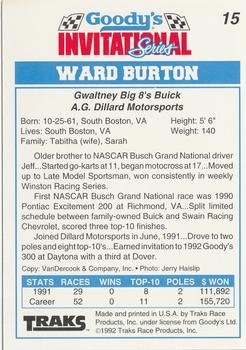 1992 Traks Goody's #15 Ward Burton Back