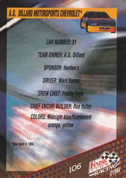 1994 Finish Line - Silver #106 Ward Burton's Car Back