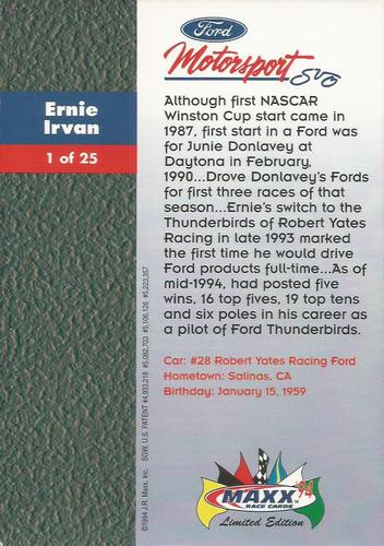 1994 Maxx Ford Motorsport #1 Ernie Irvan Back