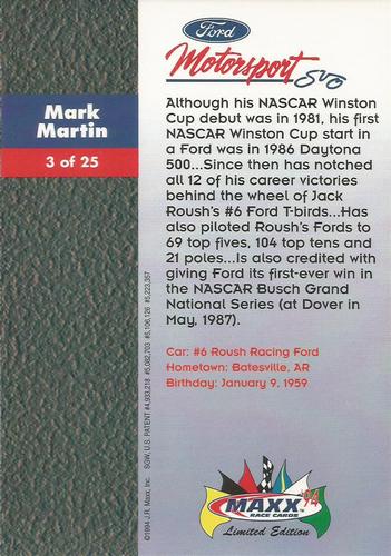 1994 Maxx Ford Motorsport #3 Mark Martin Back