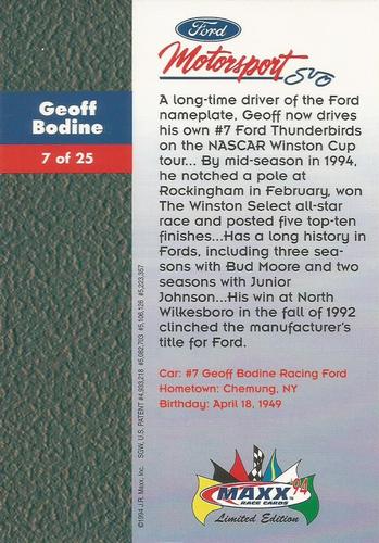 1994 Maxx Ford Motorsport #7 Geoff Bodine Back