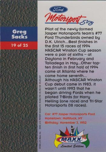 1994 Maxx Ford Motorsport #19 Greg Sacks Back