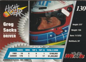 1994 Wheels High Gear - Day One Silver #130 Greg Sacks Back