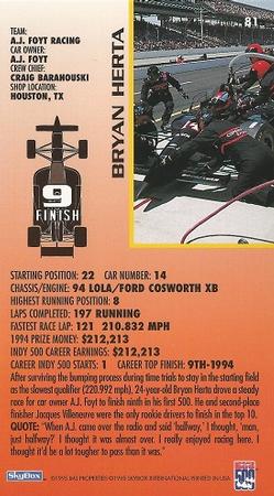 1995 SkyBox Indy 500 #81 Bryan Herta Back