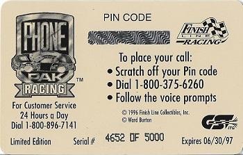 1996 Finish Line Phone Pak - $2 Signature #NNO Ward Burton Back